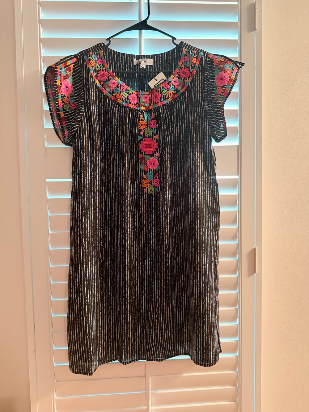 THML Black Pinstripe Shift Dress with Multicolor Floral Embroidery